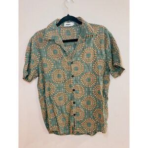 Vatpave Mens Green Sunburst Geometric Print Button Up Shirt Size M Festival Camp